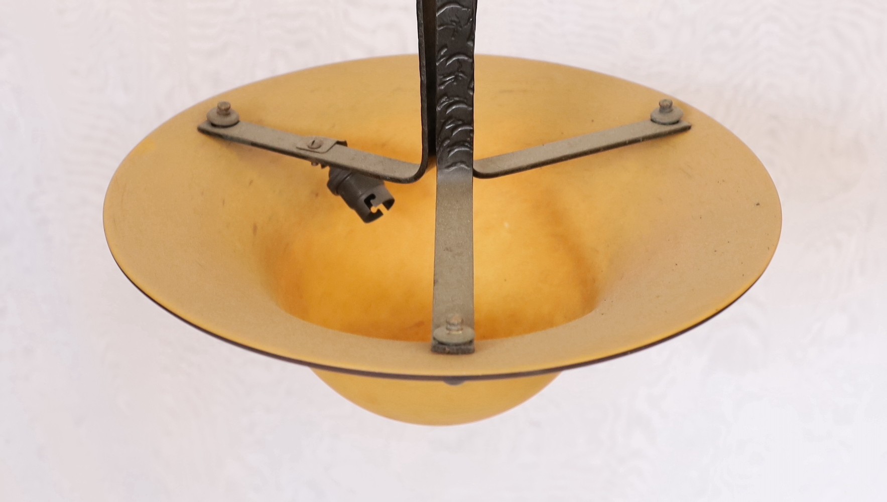 A 1920s–30s French wrought iron and marbled glass light fitting with rose motifs, drop 70cm. width 40cm